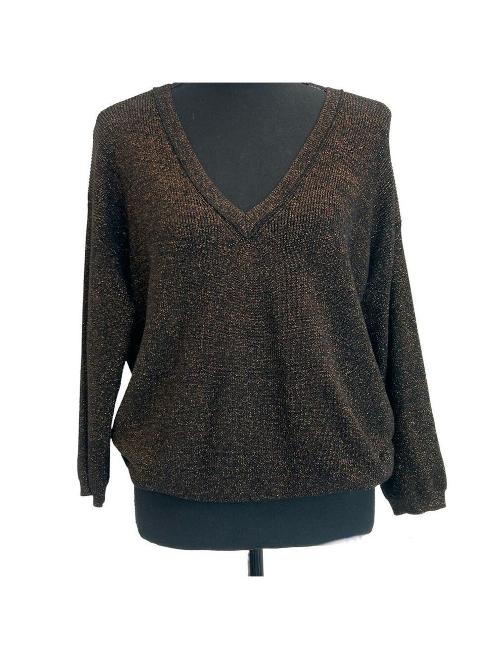 ARITZIA Wilfred brown bronze metallic glitter silk cashmere V-neck knit sweater